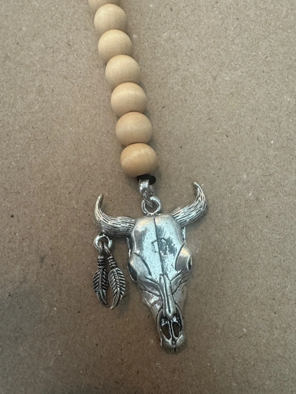 Wooden Bead Keychain with Silver Bull Skull Charm- for REARVIEW mirror - Picture 2 of 2